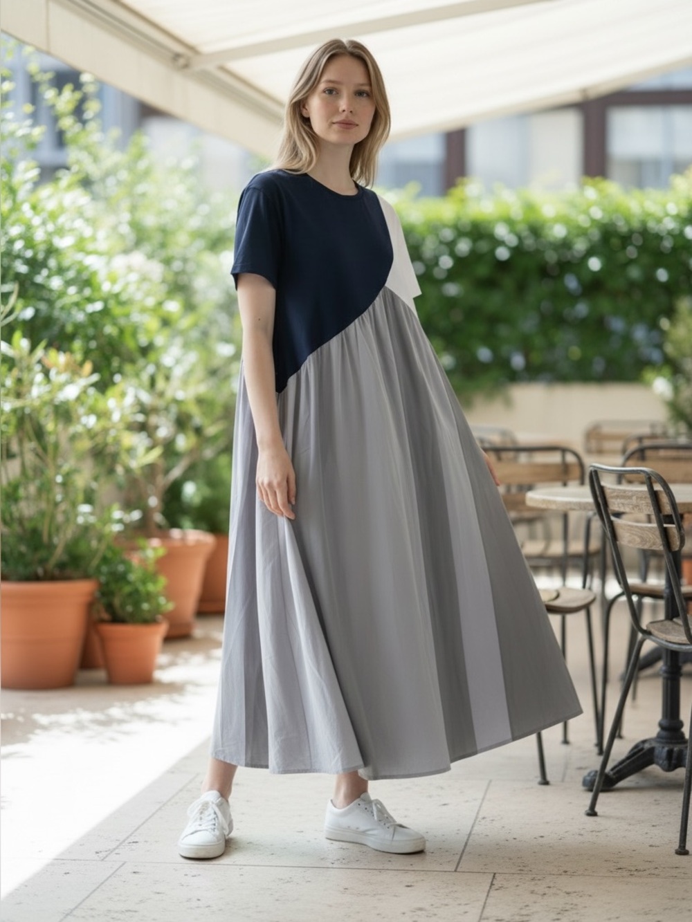 Colorblock Maxi Dress – Black / White / Gray – Size L